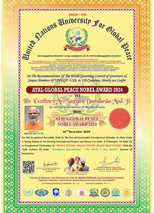 Hon’ble Prime Minister Of India Shri Narendra Modi Jii Is Honoured With  ATAL GLOBAL PEACE NOBEL AWARD 2024 From His Eminence Prof. Dr. Madhu Krishan